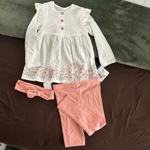 NWT Little Me 24M Pink & White Floral Tunic Legging Set with Headband